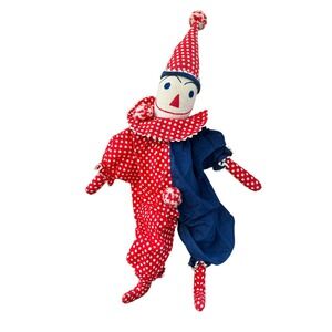 Vintage Grants Sock Clown Doll Red Polka Dot Navy Blue Handmade Folk Art 24"